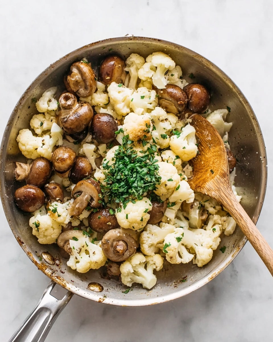 A close-up view of a metal pan filled with cooked whole brown mushrooms and small white cauliflower pieces, mixed with chopped herbs that add green specks throughout. The mushrooms have a shiny, slightly browned surface, while the cauliflower pieces show a soft, light texture and are scattered evenly. A silver spoon rests inside the pan, partly under the vegetables, showing reflections on its handle. The pan sits on a white marbled surface, and some stripes of a cloth napkin are visible at the edge. photo taken with an iphone --ar 4:5 --v 7