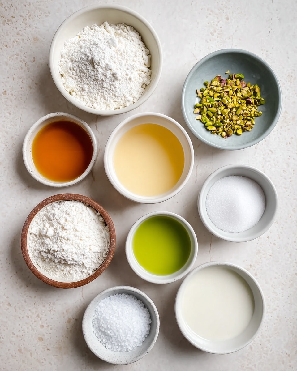 A group of nine small white bowls is seen from above on a white marbled surface, each bowl filled with a different cooking ingredient: one contains white flour with a powdery texture, another has white granulated sugar, one is filled with crushed green pistachios, and another holds a smooth, pale yellow liquid. There is also a bowl with a golden-brown liquid, one with a bright green liquid, a bowl with a small amount of white powder, and a bowl with a small pile of coarse salt. The last bowl contains a creamy white liquid. Photo taken with an iphone --ar 4:5 --v 7