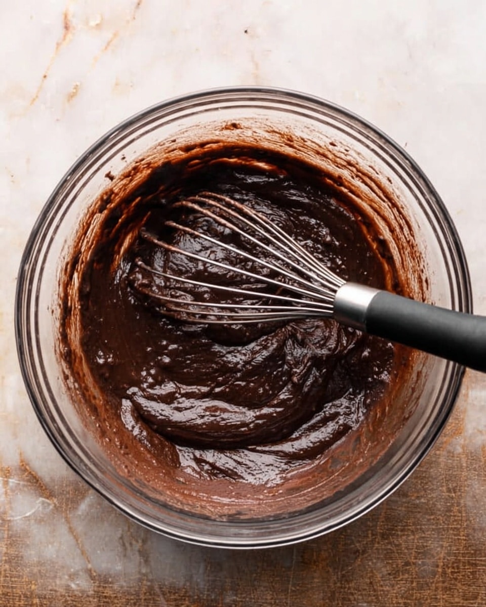 A clear glass bowl sits on a white marbled surface, filled with thick, dark brown chocolate batter that has a smooth and slightly shiny texture. A metal whisk with a black handle rests inside the bowl, partially mixing the rich mixture. Some batter is stuck to the sides of the bowl, showing a dense consistency. photo taken with an iphone --ar 4:5 --v 7