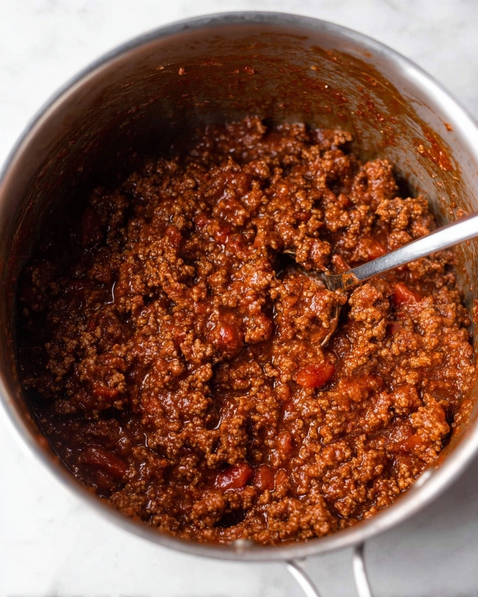The image shows a close-up view of a metal pot filled with cooked ground meat sauce that is dark reddish-brown in color, with small chunks and a slightly wet, thick texture. Visible in the mixture are some small pieces of tomato in a deeper red shade. A metal spoon with a silver handle is partially submerged in the sauce on the right side of the pot. The inside sides of the pot have some splashed sauce residue. The setting is on a white marbled surface. photo taken with an iphone --ar 4:5 --v 7