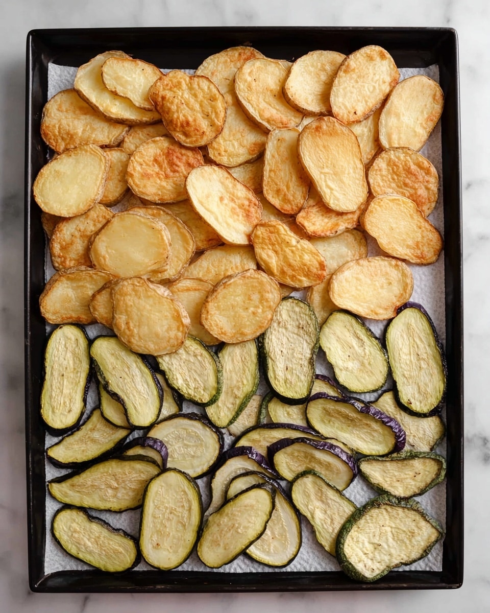 The image shows a baking sheet filled with two layers of thinly sliced vegetables arranged side by side. The top layer is made of golden-brown potato slices, softly crisped with a light browning around the edges and a smooth, slightly oily texture. The bottom half of the tray is filled with pale green zucchini and light purple eggplant slices, each with a slightly wrinkled surface and faint grill marks, hinting at roasted cooking. The vegetables are laid out neatly on white paper towels, which cover the black baking tray, all set on a white marbled surface. photo taken with an iphone --ar 4:5 --v 7