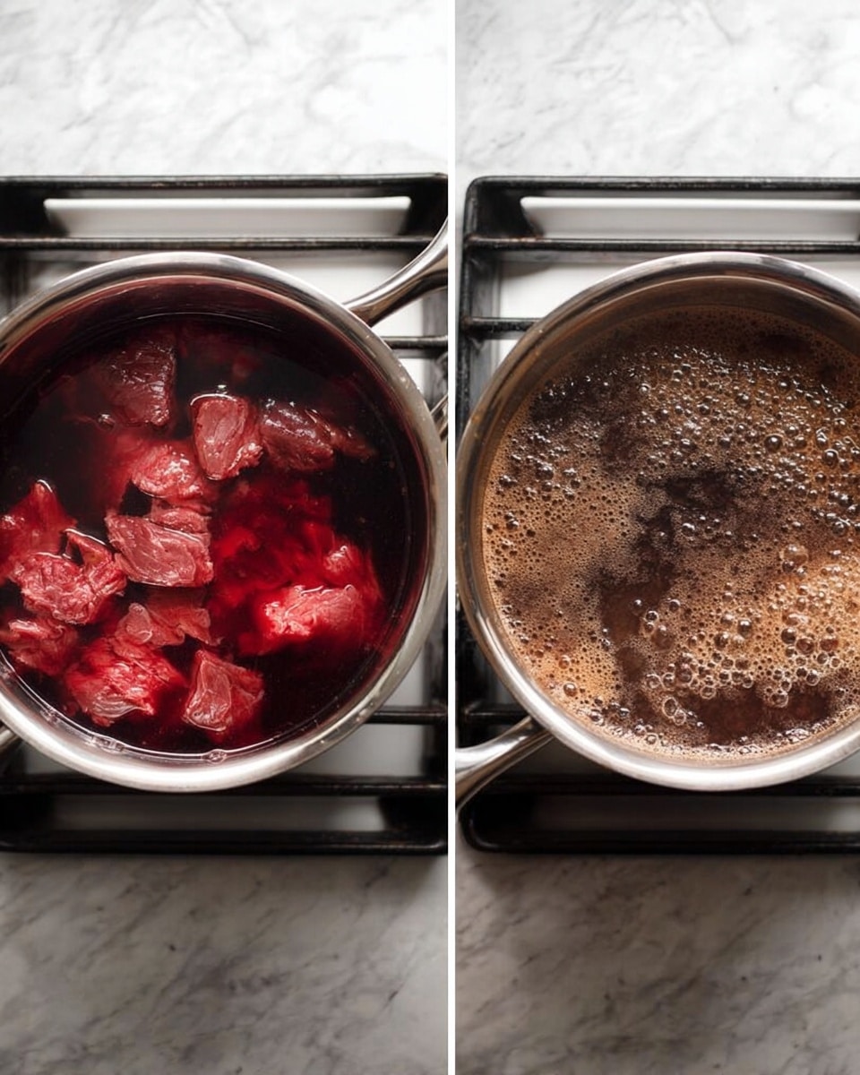 The image shows two metal pots on a stove with a white marbled surface underneath. The pot on the left contains raw red meat pieces submerged in dark red liquid, with the meat clearly visible and resting at the bottom, while the liquid has a smooth texture. The pot on the right has a dark brown, frothy liquid boiling with bubbles on the surface, looking thick and thick foam floating near the top. Both pots are simple and shiny, sitting on black stove grates. photo taken with an iphone --ar 4:5 --v 7