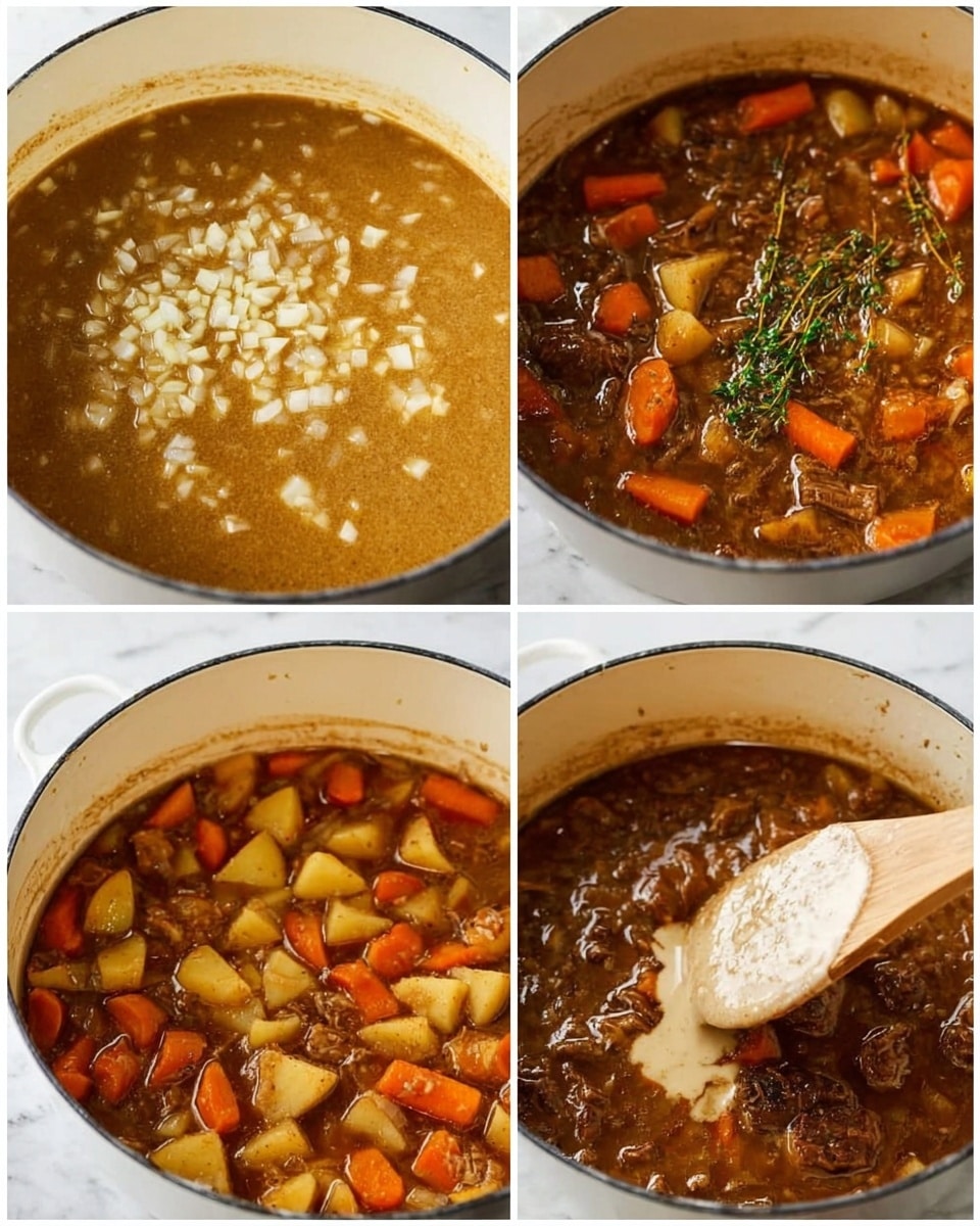 The first image shows a close-up of a white pot filled with a light brown liquid and finely chopped onions floating on top. The second image shows the same white pot with a thicker dark brown stew filled with chunky pieces of orange carrots, pale yellow potatoes, and dark brown pieces of meat, all mixed together in the liquid. The third image shows the white pot again with the dark stew and chunky vegetables, now with a wooden spoon stirring in a light beige creamy sauce added on top. The pot is sitting on a white marbled surface. photo taken with an iphone --ar 4:5 --v 7