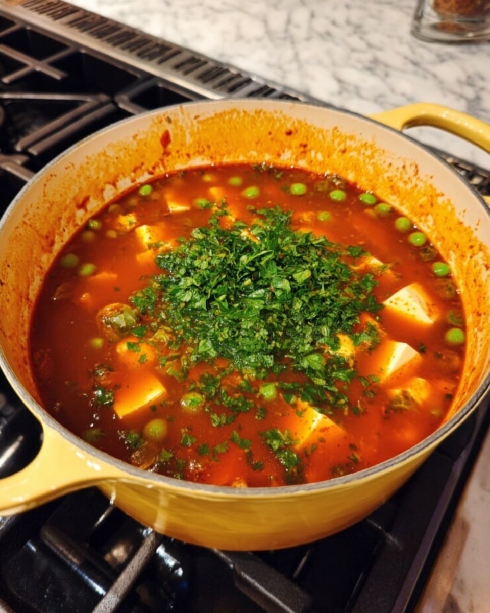 A yellow pot filled with rich red soup that has visible cubes of white tofu and small round green peas, topped with a pile of chopped green herbs in the center. The pot’s inside edges have an orange-red splash from the soup. The pot sits on a stove with a shiny black burner and a white marbled background. Photo taken with an iphone --ar 4:5 --v 7