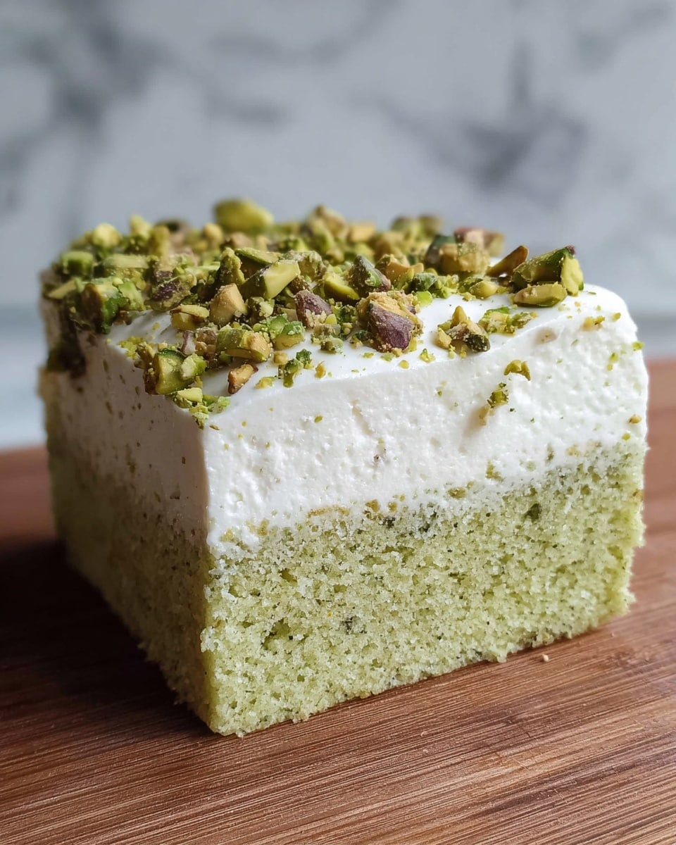 The image shows three square slices of a greenish cake, each topped with a thick, smooth layer of white frosting. The frosting is evenly spread with soft swirls and small peaks. On top of the frosting, there are scattered small pieces of crushed pistachios, adding green and light brown specks of color and texture. The cake pieces are placed closely on a textured brown wooden surface, with some crumbs around them. The cake looks moist and dense with a slight golden edge. The photo taken with an iphone --ar 4:5 --v 7