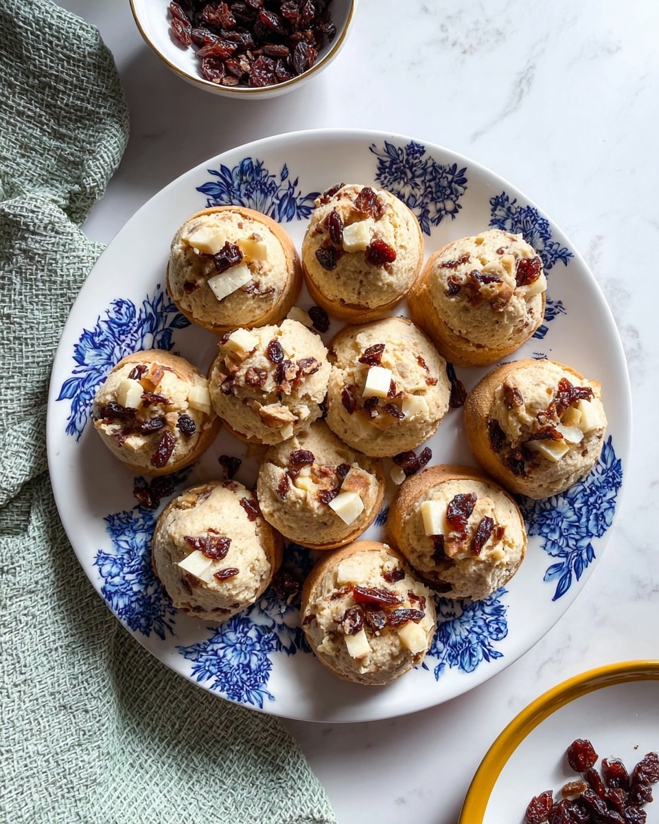A white round plate with a blue floral pattern holds fourteen light tan muffin-shaped dough balls topped with small chunks of white cheese and dark reddish-brown dried fruit pieces. The dough balls have a slightly rough texture and some dried fruit bits mixed in. To the top left, a small white bowl contains more dark dried fruit pieces, and to the right, a white plate with a yellow rim holds more dark reddish-brown toppings. All are set on a white marbled surface with a light green textured cloth partially visible on the upper left. Photo taken with an iphone --ar 4:5 --v 7