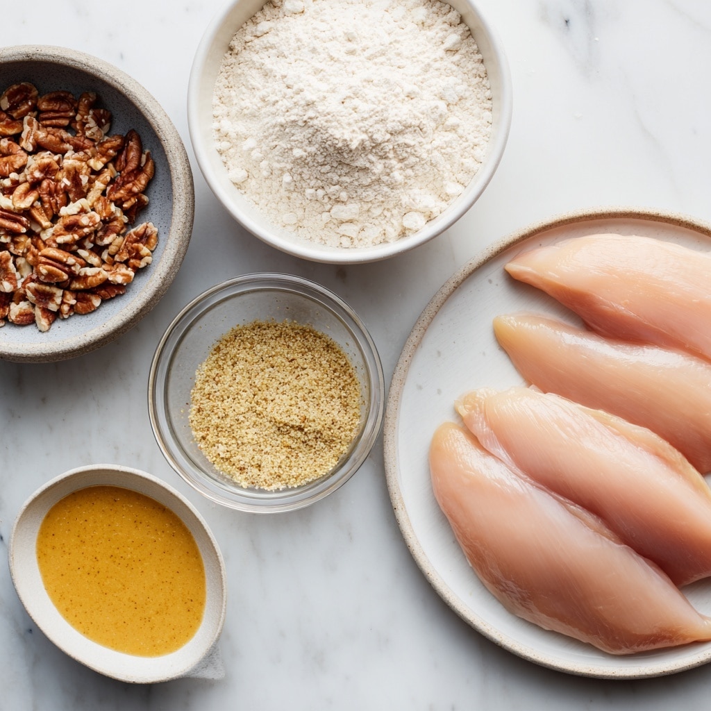 The image is split into two parts. On the left side, there is a baking tray lined with clear parchment paper, holding five pieces of raw chicken coated in a smooth, yellow mustard-like sauce, showing a shiny and slightly thick texture. On the right side, the same baking tray and parchment paper now have the chicken pieces covered in a rough, light beige crumb coating, made of small granules and flakes, giving a dry and textured look. The trays sit on a white marbled surface that shows light gray veins and subtle texture. photo taken with an iphone --ar 4:5 --v 7
