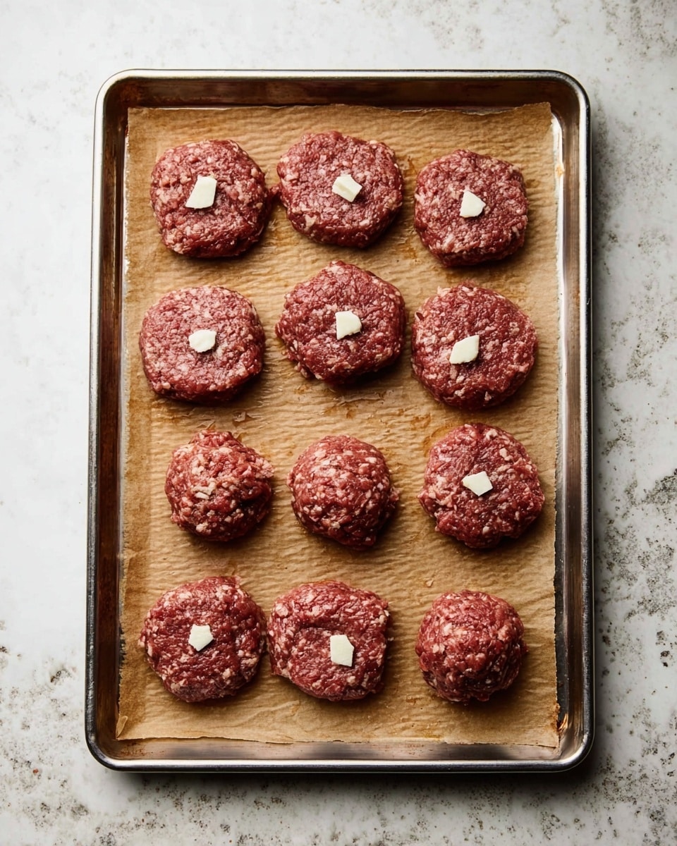A silver pan filled with large round meatballs covered in thick red tomato sauce, sprinkled with white shredded cheese and fine white grated cheese on top. The sauce surrounds the meatballs, creating a shiny, slightly chunky texture. The pan is placed on a white marbled surface. photo taken with an iphone --ar 4:5 --v 7