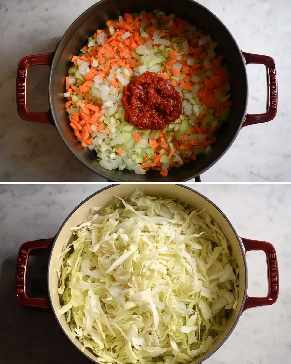 The image shows two views of a round dark pot with red handles on a white marbled surface. In the top view, the pot contains a layer of finely chopped vegetables including orange carrots, pale green celery, and white onions with a small dollop of thick red tomato paste in the center. In the bottom view, the pot is filled with a thick layer of shredded pale yellow cabbage sitting above the same vegetable base seen before. The overall colors are warm and fresh, with the vegetables spread evenly and the tomato paste standing out in the middle in the first image. photo taken with an iphone --ar 4:5 --v 7