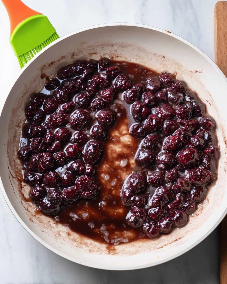 Inside a white pan with some brown marks around the edges, there are two crescent-shaped layers of dark purple blackberries mixed with a glossy, thick brown sauce that holds some small bits of translucent diced onions. The blackberries look shiny and swollen from cooking, sitting on top of a smooth, semi-clear syrupy layer that spreads unevenly but fills both halves of the pan. The pan rests on a white marbled surface, and a green and orange spatula handle is visible on the left side. Photo taken with an iphone --ar 4:5 --v 7
