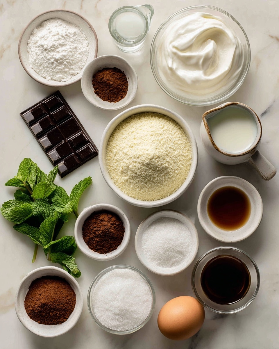 The image shows a white marbled surface with various small white bowls and containers holding different ingredients arranged neatly. There is a clear large bowl filled with thick white heavy cream on the top right, a smaller clear cup with white milk below it, and next to that is a white cup with clear water. In the center near the top is a white bowl filled with light yellow almond flour, and below it is a large unwrapped bar of dark semi-sweet chocolate with a grid pattern. To the left of the almond flour is a small white bowl with brown cacao powder, and above that a small bowl with dark brown espresso powder. Near the bottom left is a bunch of fresh green mint leaves, and surrounding it are small white bowls with coconut sugar (brown) and coconut flour (off-white powder). Other small white bowls hold apple cider vinegar (light yellow), vanilla extract (dark brown), baking soda (white powder), tapioca flour (white powder), and coconut oil (clear liquid). There is also one brown egg resting on the surface. Each ingredient is distinctly separated with clear labels. Photo taken with an iphone --ar 4:5 --v 7