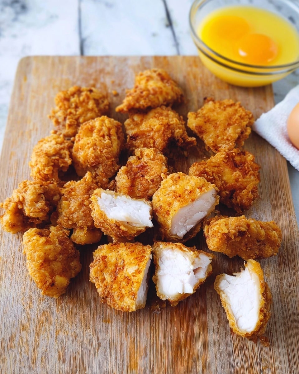 Small pieces of golden brown fried chicken are spread out on a wooden cutting board. The chicken has a crunchy, rough texture on the outside and white juicy meat inside, showing many cut sections. Part of a glass bowl with yellow beaten eggs is partly visible on the right side. The background is a white marbled texture. Photo taken with an iphone --ar 4:5 --v 7