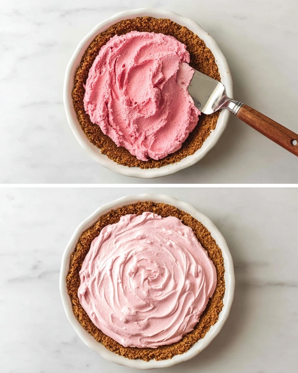 The image shows a two-step process of spreading pink whipped cream into a brown crumb crust inside a white pie dish. The first step displays a thick dollop of bright pink whipped cream in the center of the even, crumbly brown crust with a metal spatula with a wooden handle resting on top. The second step reveals the whipped cream evenly spread in swirled patterns that cover the crust smoothly, showing a soft and fluffy texture. Both images are set against a white marbled surface, and the pie dish is clean and simple without any decoration photo taken with an iphone --ar 4:5 --v 7