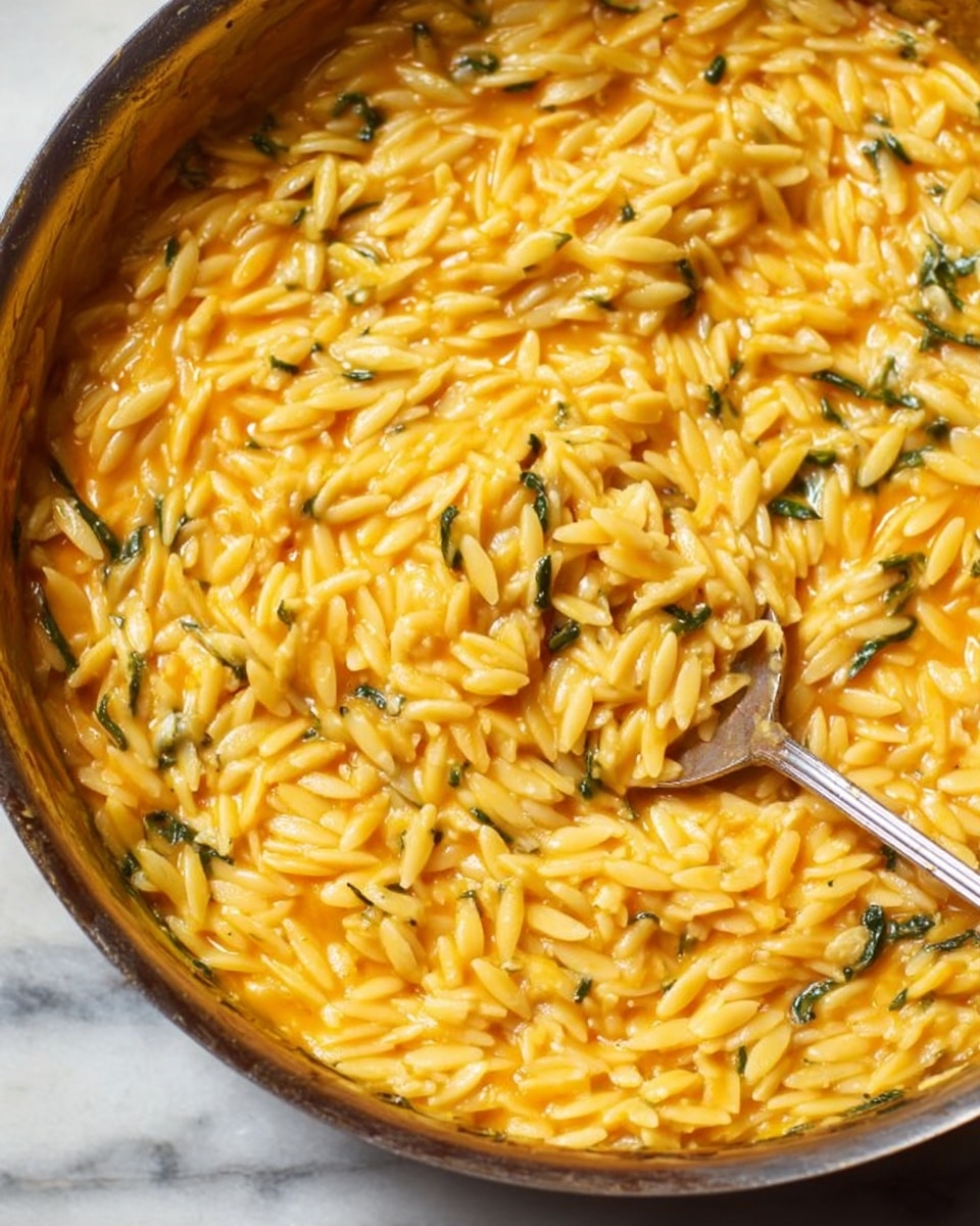 A close-up view of a large skillet filled with creamy orzo pasta, with each grain coated in a thick, smooth, orange-yellow sauce. Visible green leafy herbs are mixed throughout the orzo, adding small splashes of green. A silver spoon is partially dipped into the pasta mixture on the right side of the skillet. The skillet sits on a white marbled surface, highlighting the rich texture and color of the dish. photo taken with an iphone --ar 4:5 --v 7