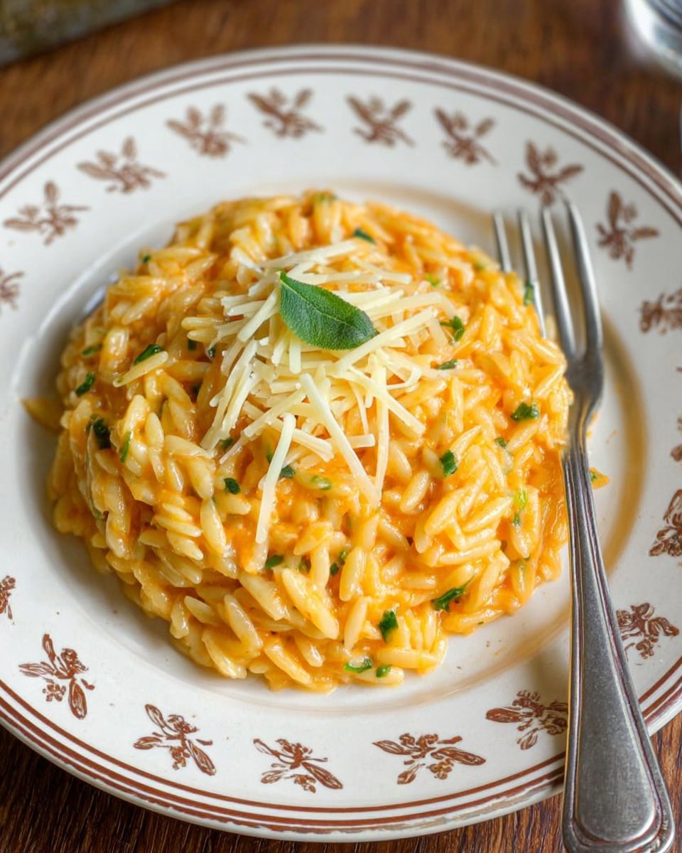 A white plate with small brown flower patterns holds a round mound of orange creamy orzo pasta with small bits of green herbs mixed in. The orzo is topped with a small pile of thin light yellow shredded cheese and a single green leaf placed on top. A silver fork rests on the plate’s edge on the right side. The plate sits on a brown wooden surface. photo taken with an iphone --ar 4:5 --v 7