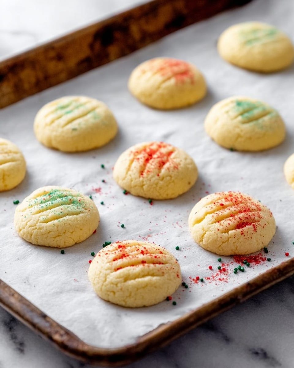 The image shows a tray lined with white parchment paper holding nine small, round cookies arranged in rows. Each cookie is pale yellow with a soft, slightly crumbly texture, and they have evenly spaced shallow indentations on top made by pressing with a fork. Some cookies are sprinkled with red seasoning, while others have a light green topping. Red and green sprinkles are scattered lightly around the cookies on the parchment paper. The tray has a slightly worn look, and it is placed on a white marbled surface. Photo taken with an iphone --ar 4:5 --v 7