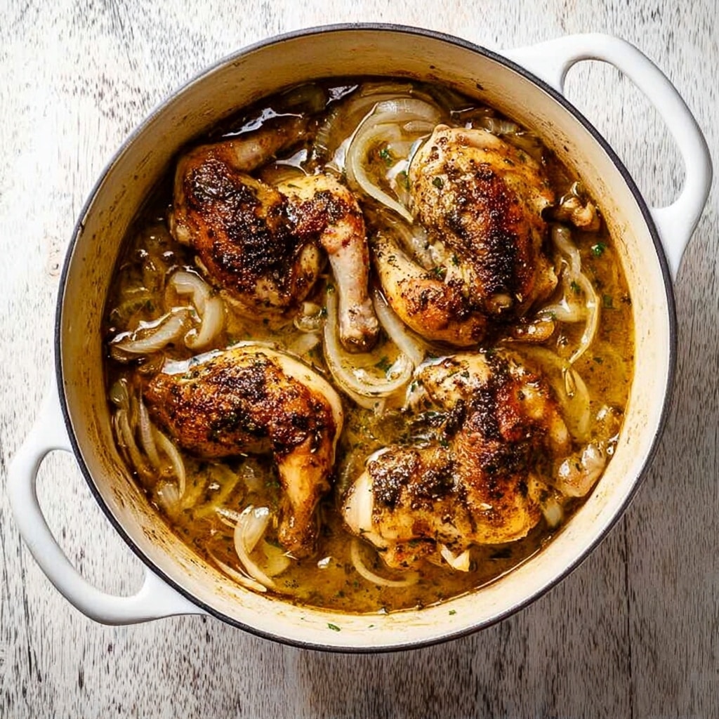 A white deep pot filled with four cooked small birds arranged in a circular pattern, with browned, slightly crispy skin and seasoned with dark spices on top. Below them is a layer of pale cooked onions and thin slices of a light-colored vegetable, all soaked in a golden-brown broth, creating a glossy and rich texture. The pot has two side handles and sits on a white marbled textured surface. photo taken with an iphone --ar 4:5 --v 7