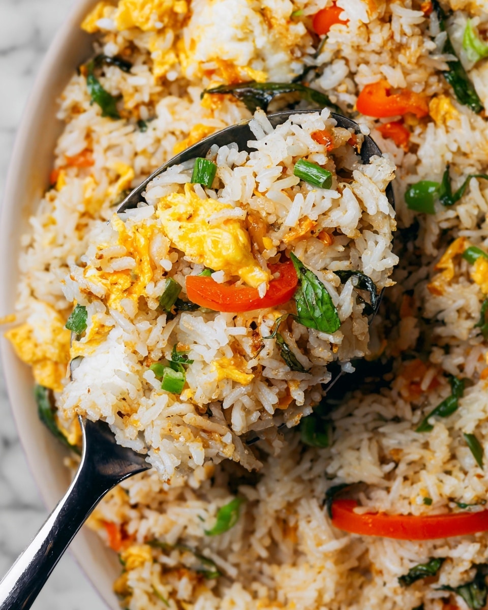 The close-up image shows a scoop of fried rice being lifted with a black and silver spoon. The fried rice is made of white grains mixed with scrambled yellow eggs, bright orange bell pepper slices, light green chopped scallions, and dark green basil leaves. The rice has a slightly crispy texture with some browned bits visible, giving it a warm and well-cooked look. The background is filled with the same fried rice mixture resting on a white marbled surface. The whole dish looks fresh and colorful with a simple, clean presentation. photo taken with an iphone --ar 4:5 --v 7