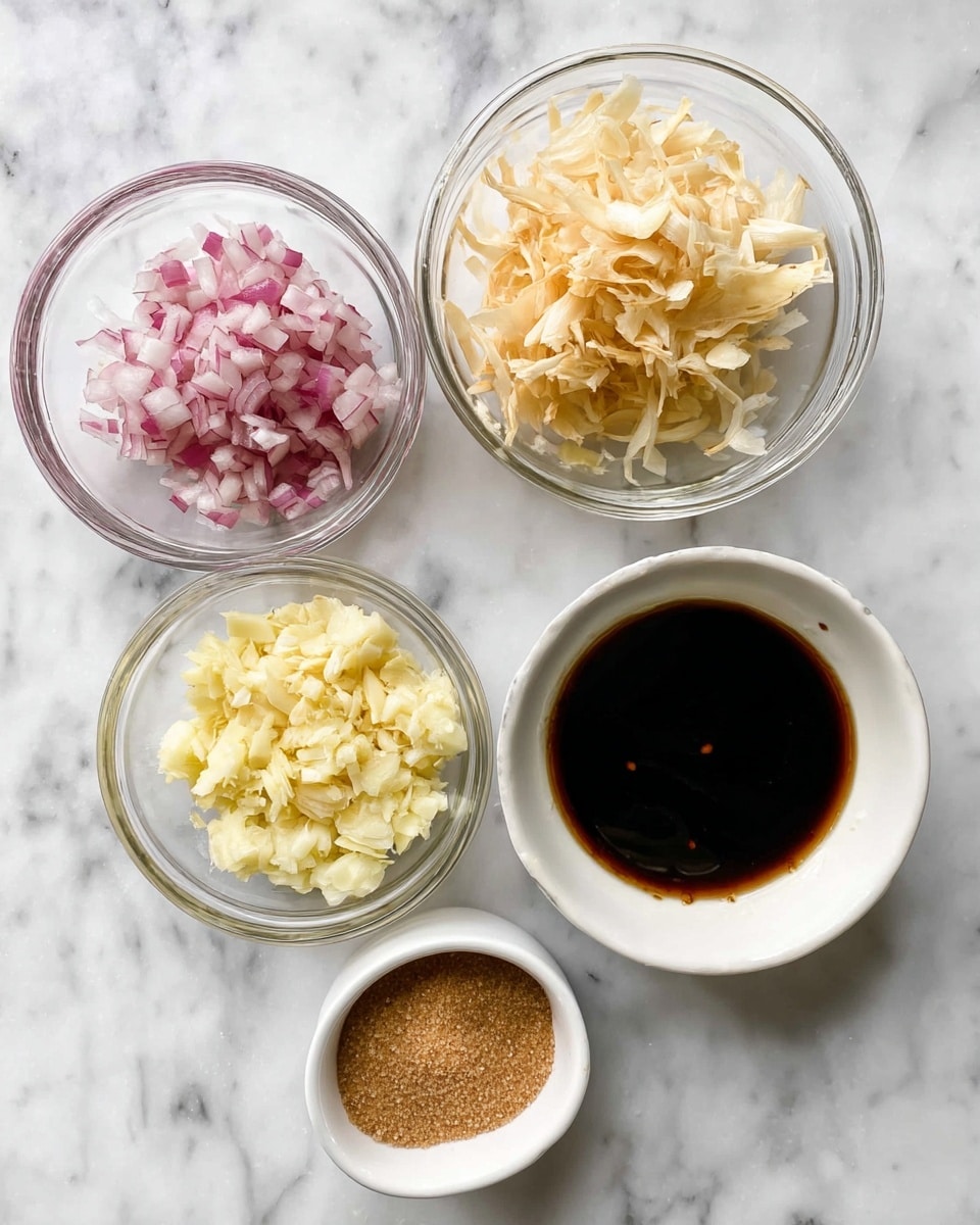 The image shows five small bowls arranged on a white marbled surface. There are three clear glass bowls, one at the top left with finely chopped red onions in pink and white tones, one in the middle left containing thinly shredded pale yellow ginger, and one at the bottom left filled with minced light yellow garlic. On the right side, there is a white bowl filled with a dark brown soy sauce, and below it, a smaller white bowl containing light brown sugar. The ingredients are neatly placed, showing different textures and colors against the marbled background. photo taken with an iphone --ar 4:5 --v 7