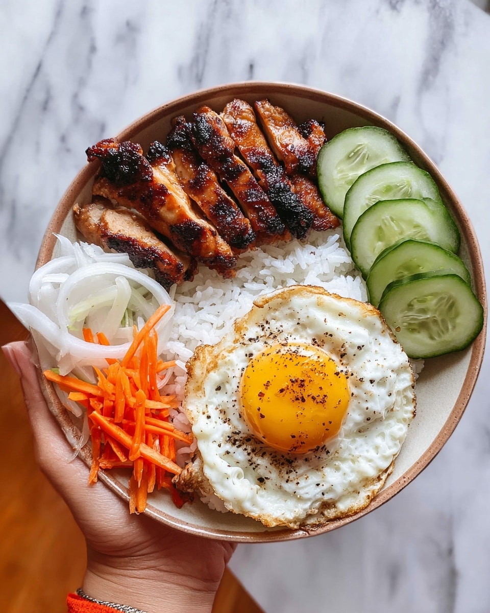 A round beige plate is held by a woman's hand and filled with five food layers arranged in sections: on the bottom right, a mound of fluffy white rice topped with a sunny-side-up egg with a bright yellow yolk and crispy white edges sprinkled with black pepper; above the rice are four thin, light green cucumber slices with a slightly textured skin; to the left of the rice, grilled chicken pieces with a dark brown charred surface and lighter inside are arranged in a row; next to the chicken on the far left is a mix of white onion and orange carrot sticks, thinly sliced and piled together. The plate is against a background of white marbled texture. photo taken with an iphone --ar 4:5 --v 7