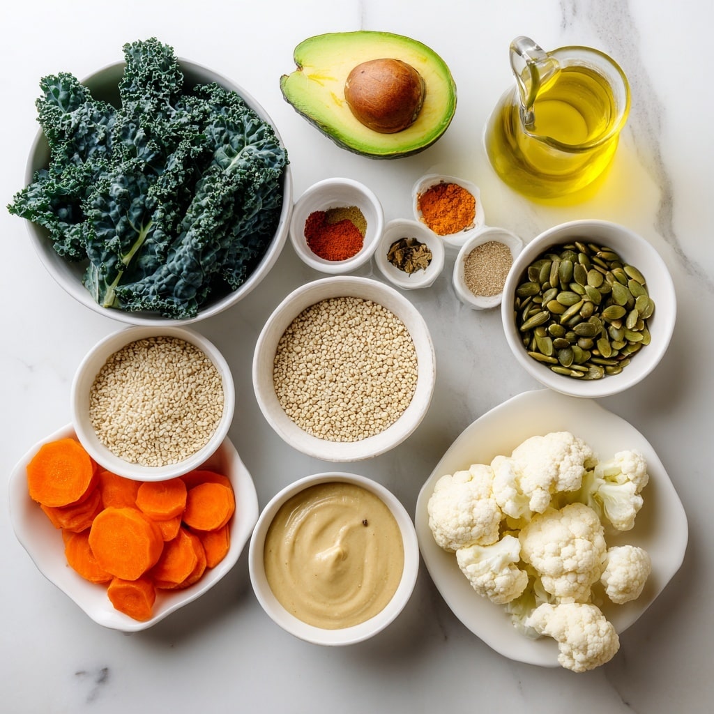 The image shows separate ingredients on a white marbled surface arranged neatly. There is a white bowl filled with dark green kale leaves positioned on the left side, next to it is a small white bowl filled with white quinoa grains. Above the quinoa is a cut avocado with its green flesh and large seed in one half, set near a clear bottle filled with golden olive oil. A small white bowl to the top center holds different spices with colors including light brown, dark red, and orange. To the right, there is a small white bowl full of green pumpkin seeds. Next to it is a white bowl filled with smooth, creamy tan tahini sauce. In the bottom right corner, a flat white plate is divided into two sections: bright orange carrot pieces on one side and fresh white cauliflower florets on the other. photo taken with an iphone --ar 4:5 --v 7