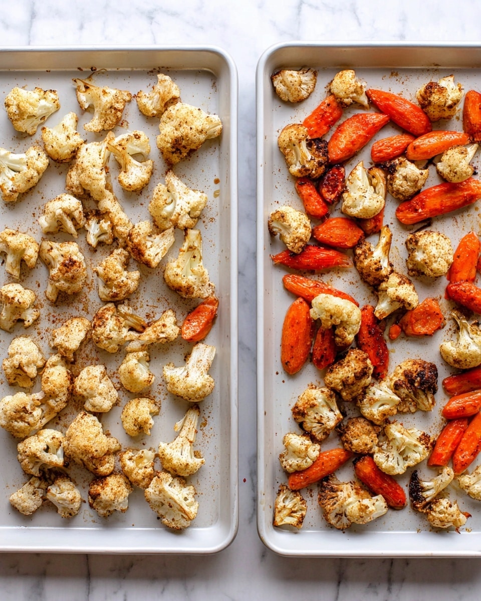 Two white trays are side by side on a white marbled surface. The left tray holds raw cauliflower florets and carrot pieces spread in one even layer, with the cauliflower having a light seasoning of brown spices giving them a speckled look, and the carrots bright orange with some seasoning. On the right tray, the same cauliflower and carrot pieces are roasted, showing a more golden brown color with darker, crisped edges scattered evenly, highlighting the texture of the charred and tender vegetables. photo taken with an iphone --ar 4:5 --v 7