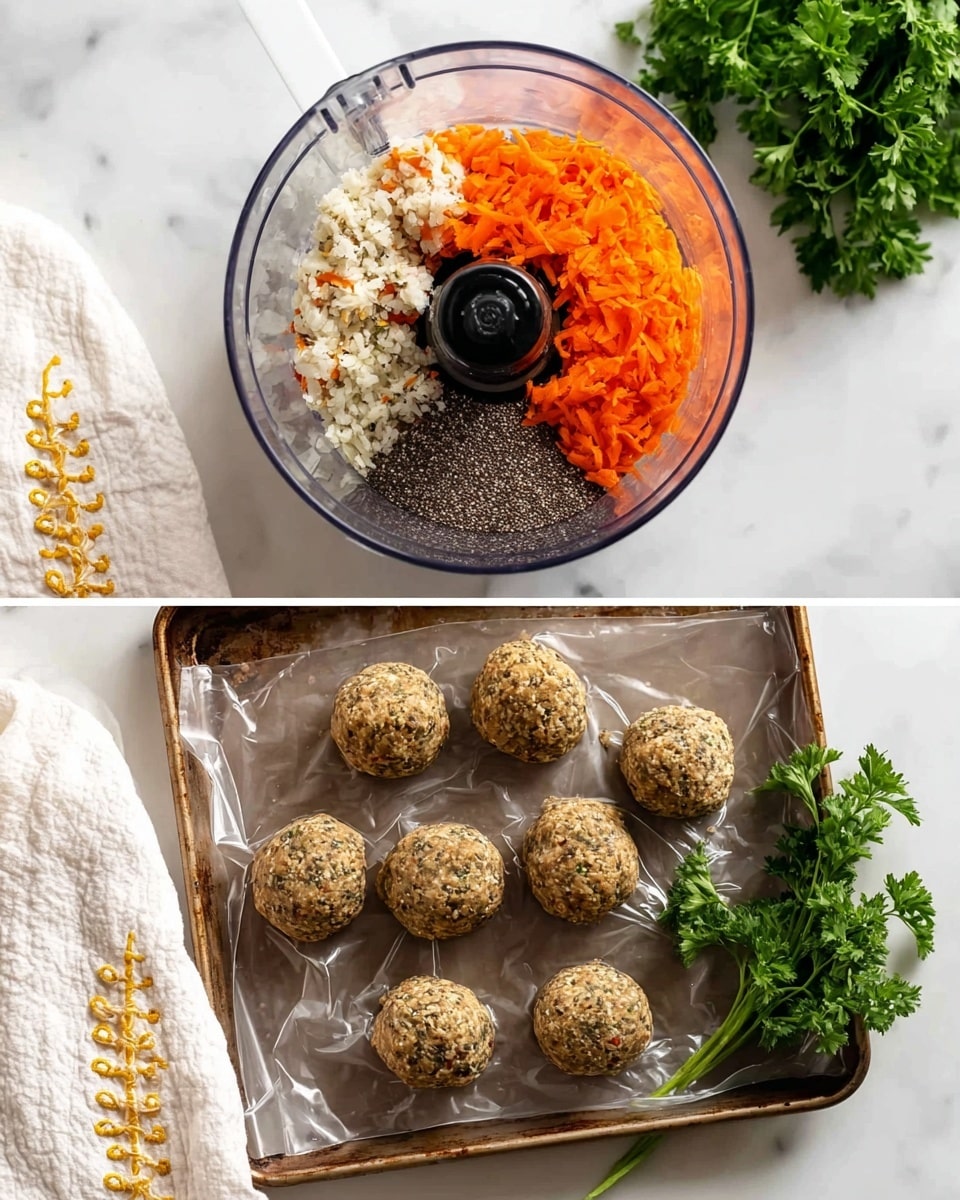 The first part of the image shows a clear food processor bowl on a white marbled surface with three layers inside: on the bottom is a white and chopped mixture, next is a bright orange layer of shredded carrots, and on the right side is a thick, dark layer of chia seeds. The second part shows eight round, rough-textured dough balls placed evenly on a baking sheet covered with clear plastic wrap, all set on a white marbled surface with a bunch of fresh green parsley next to the tray. A white cloth with yellow stitching is partially visible on the left side. Photo taken with an iphone --ar 4:5 --v 7