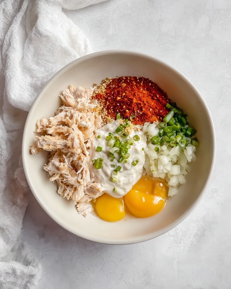 A white bowl sits on a white marbled surface, filled with several distinct layers of ingredients neatly arranged. On the left side is a layer of shredded pale, light beige meat. Above it is a pile of bright red spice powder. To the right of the spice powder are small chopped pieces of white onion. Next to the onion is a dollop of creamy white mayonnaise with finely chopped green onions sprinkled on top. At the bottom right of the bowl are two raw egg yolks sitting in the transparent egg whites. A white cloth is partially visible in the top left corner. photo taken with an iphone --ar 4:5 --v 7