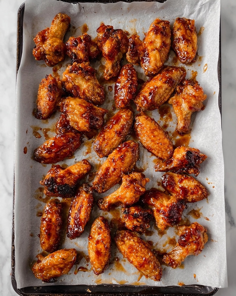 A baking tray lined with white parchment paper holds a large number of golden to dark brown chicken wings spread out evenly, each wing coated with a shiny, sticky sauce that pools slightly around some pieces. The wings vary slightly in size and shape, showing a textured, crispy skin underneath the glaze, highlighted by darker caramelized spots. The background is a white marbled surface visible around the tray edges. photo taken with an iphone --ar 4:5 --v 7