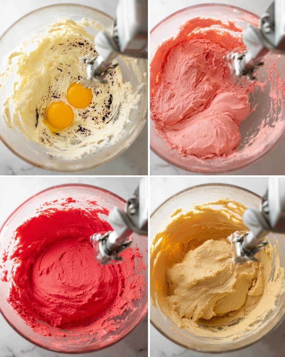 The image shows four close-up pictures of a clear glass mixing bowl with a metal mixer inside on a white marbled surface. The first picture shows a creamy white and yellow mixture with dark vanilla specks and two raw egg yolks on top. The second picture shows a thick, light beige batter being mixed, smooth but slightly grainy. The third picture shows the batter turning pink with streaks of white and a fluffy texture. The fourth picture shows a bright, smooth, deep red-pink dough being mixed, evenly colored and thick. photo taken with an iphone --ar 4:5 --v 7
