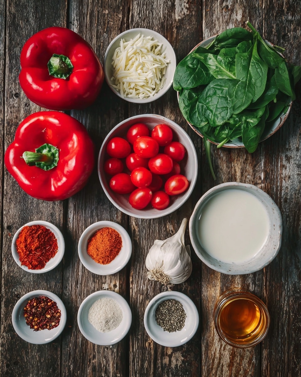 On a rustic dark wooden surface, various ingredients are arranged neatly: two whole red bell peppers with bright shiny skin, a white bowl filled with small, glossy red grape tomatoes, and a white bowl filled with a smooth, creamy white liquid. Around these are small white ceramic dishes with different spices and ingredients: one holds fresh green spinach leaves, others contain ground spices in shades of red, brown, and beige, a few garlic cloves with pale skins, a dish of shredded white cheese, and a small container of golden honey. Each item is placed closely but clearly separated, creating a colorful and textured layout photo taken with an iphone --ar 4:5 --v 7