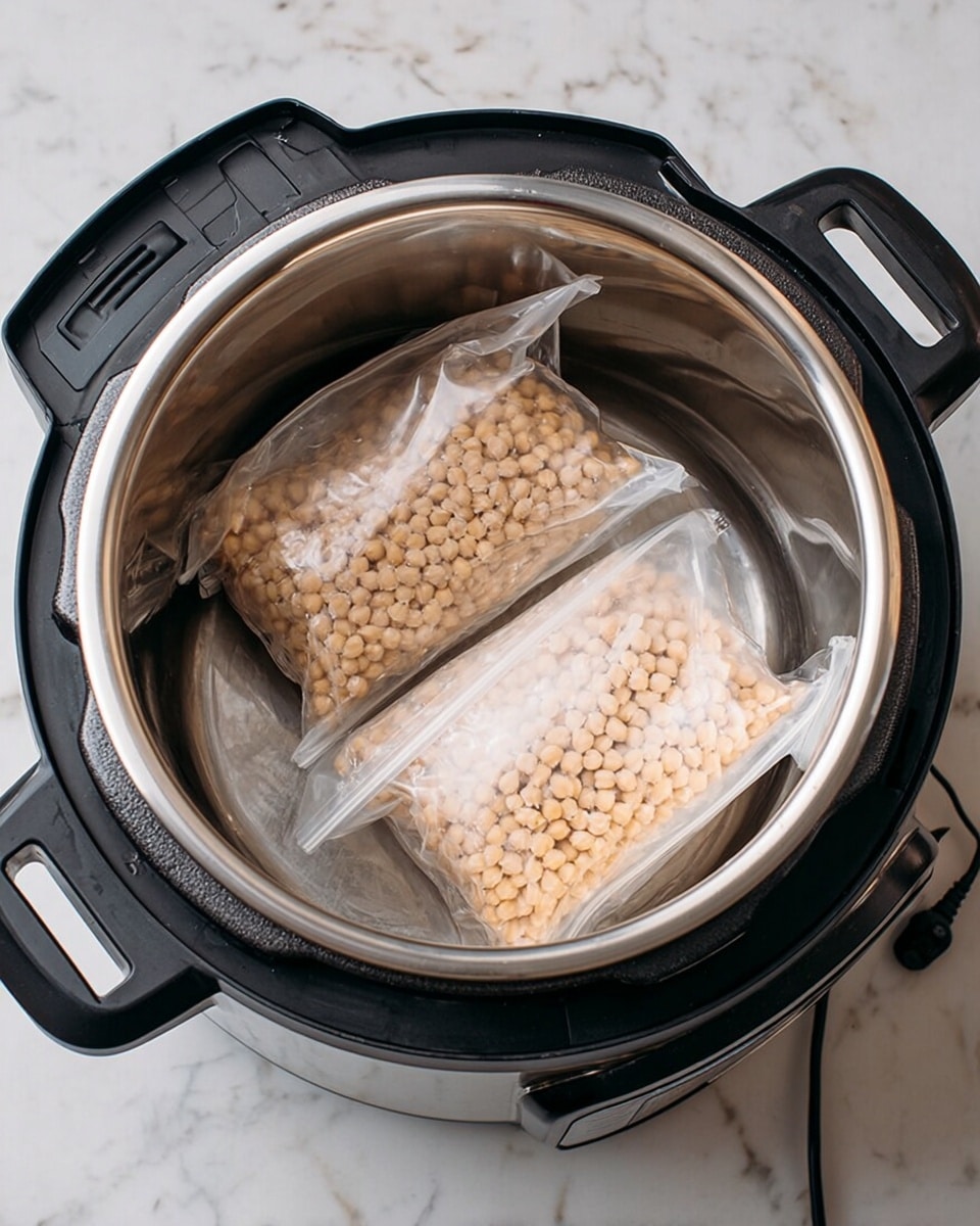 Inside a shiny steel pressure cooker with black handles, two clear plastic bags filled with light beige split chickpeas lie flat. The cooker is open on a white marbled countertop, showing the smooth metal inside reflecting light softly. The bags have small chickpeas tightly packed and visible through the plastic. The cooker has a power cord on the right and a black control panel on the side. photo taken with an iphone --ar 4:5 --v 7