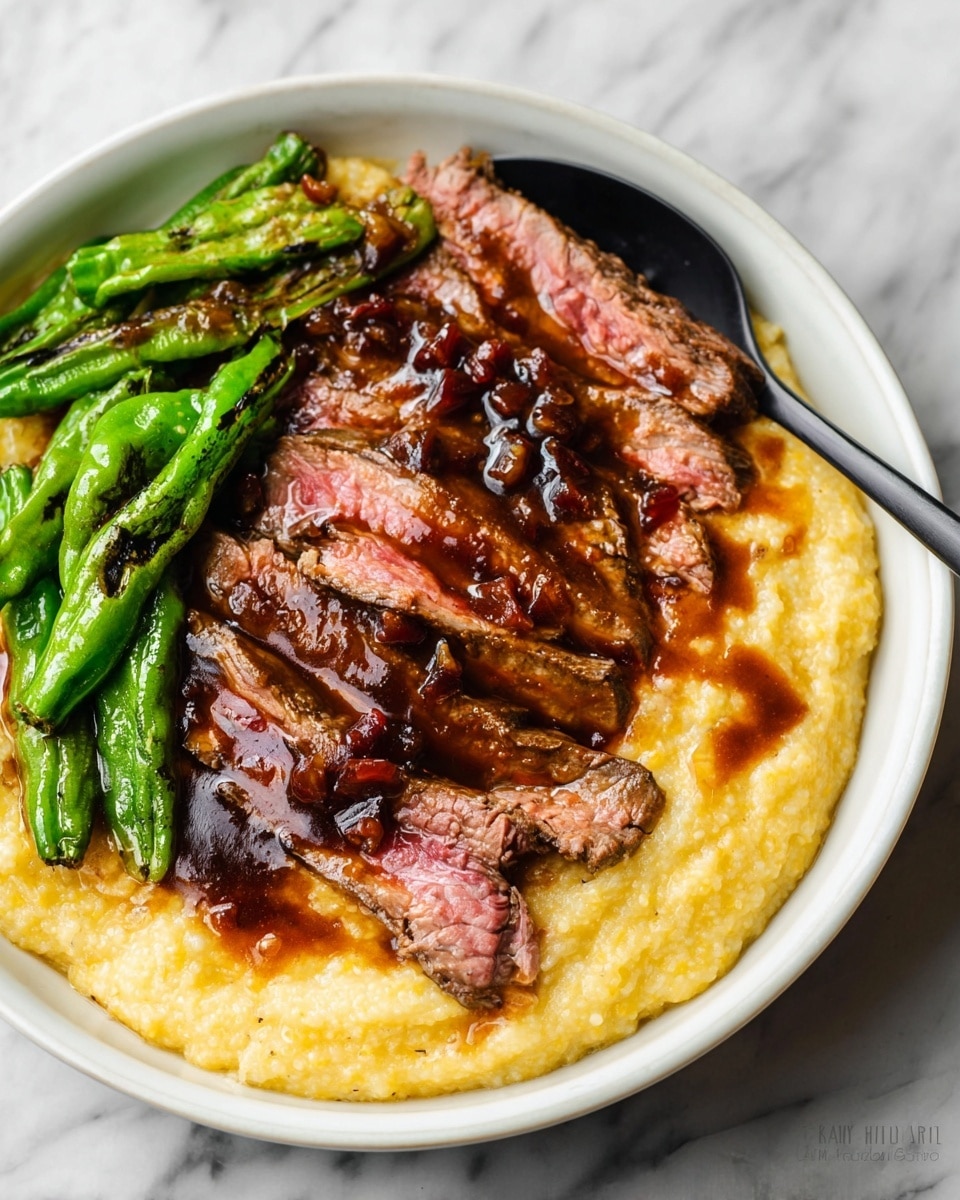 The dish shows a white plate with three main layers: roasted green peppers on the left, bright green with a slightly shiny and wrinkled texture; on the right is a smooth, light yellow corn mush layer spread evenly as a base; on top of the corn mush are six slices of medium-cooked steak, pink in the middle and brown on the edges, covered with a dark brown sauce with visible bits of seasoning. The plate sits on a white marbled surface. Photo taken with an iphone --ar 4:5 --v 7