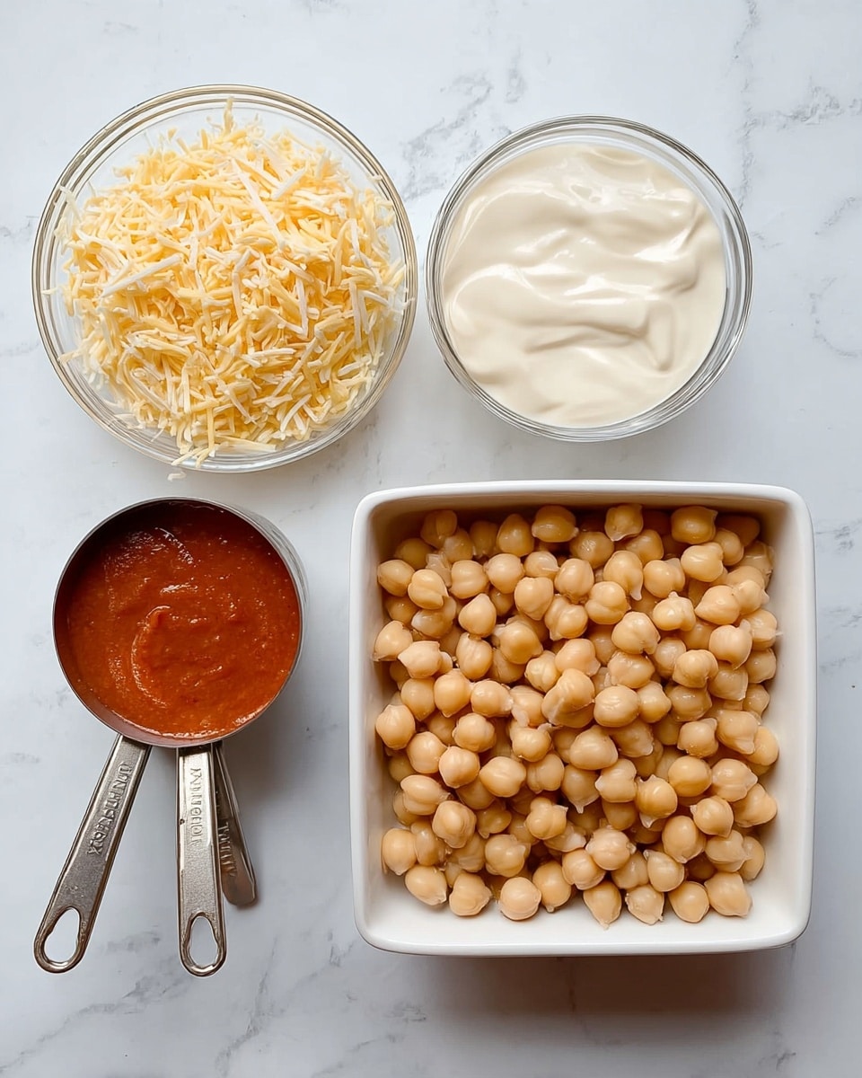 The image shows four ingredients on a white marbled surface. On the right side, there is a square white dish filled with light beige chickpeas evenly spread out. To the left, a small clear glass bowl holds shredded light yellow cheese. Above that, two small metal measuring cups with long handles contain sauces side-by-side; the left cup has a smooth reddish sauce, and the right cup has a creamy white sauce with a silky texture. Photo taken with an iphone --ar 4:5 --v 7