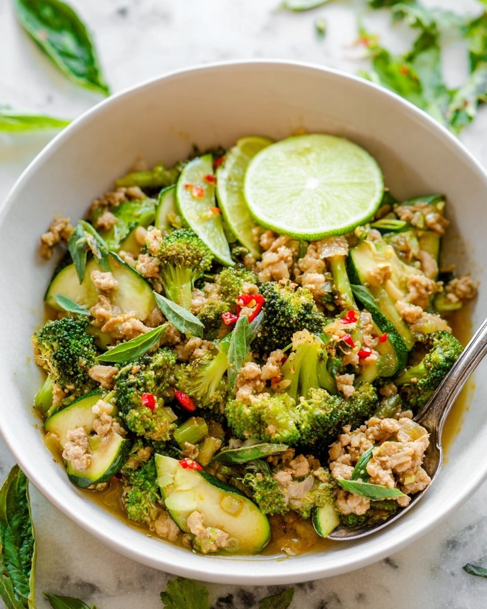A white bowl filled with a mix of light brown cooked ground meat, bright green broccoli florets, and sliced green zucchini pieces. There are small red chili bits scattered throughout, adding pops of color. Lime wedges with bright green skin and pale green flesh rest on top. The bowl is placed on a white marbled surface, with some green herb leaves around it. A silver spoon lifts a portion of the food on one side. Photo taken with an iphone --ar 4:5 --v 7