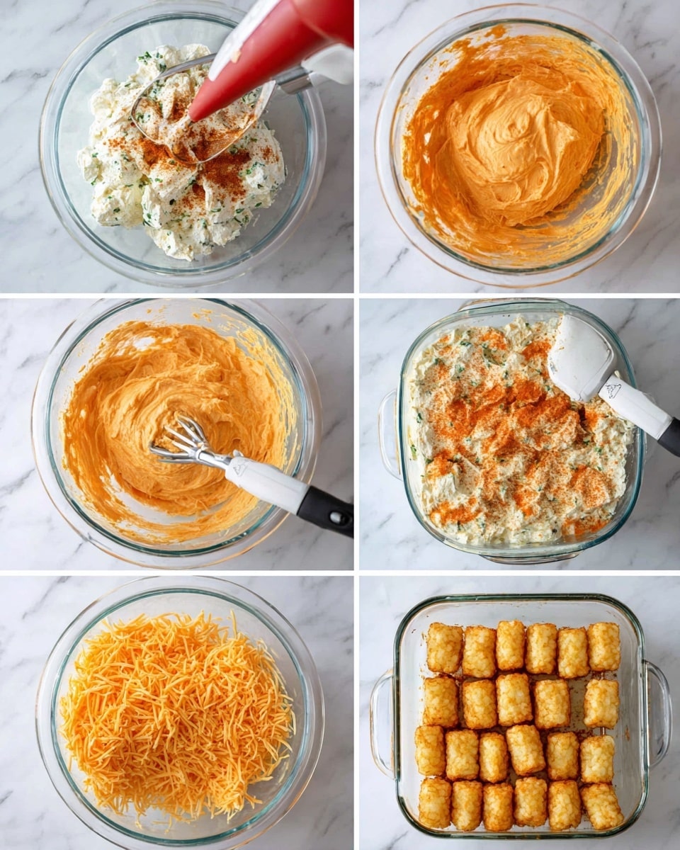 A clear glass bowl on a white marbled surface shows a mix of multiple ingredients layered unevenly: white cream cheese chunks, green herbs, orange sauce, and spices on top. The next image shows the same bowl with a smooth, whipped orange mixture being blended with a red hand mixer. In the third image, large strands of shredded orange cheese are added on top of shredded white chicken inside the same bowl, being stirred with a black and white spatula. The fourth image shows the mixture thick and creamy with chunks, spread evenly. The fifth image shows the mixture spread smoothly in a white rectangular dish. The final image places small rectangular golden tater tots tightly packed in rows on top of the creamy mixture in the white dish. photo taken with an iphone --ar 4:5 --v 7