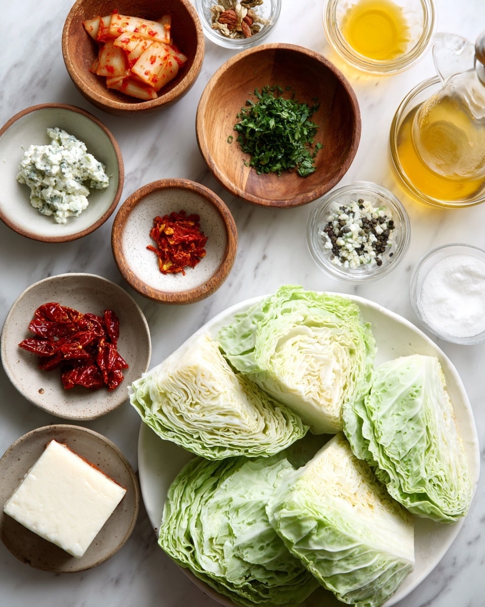 In a white pan, there are five thick cabbage wedges covered in a creamy orange sauce with red specks. The cabbage wedges show some browning on their edges, giving a roasted look. Small green herb pieces are sprinkled over the cabbage and sauce, adding a fresh touch. A metal spatula is resting on the left side of the pan, touching one cabbage wedge. The pan sits on a white marbled surface with a beige and white striped cloth next to it. photo taken with an iphone --ar 4:5 --v 7