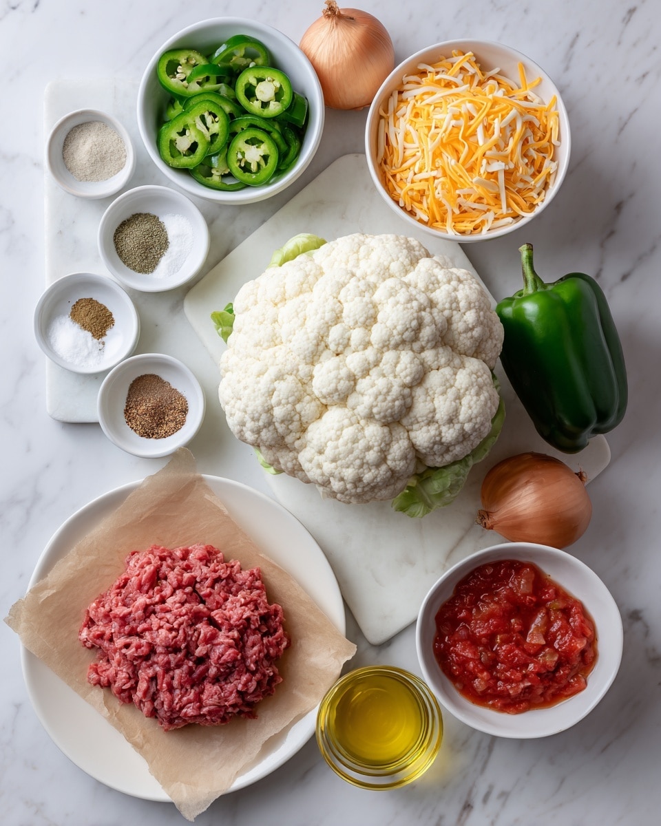 A close-up view of a blue pan filled with a mix of cooked ground meat, white cauliflower florets, bright red diced tomatoes, and green bell pepper slices scattered evenly throughout. The pan sits on a black electric stove with a wooden spoon resting on the right side inside the pan. A striped cloth with pale pink and white lines is placed under the pan's left handle on a light wooden table. The background is a white marbled texture. photo taken with an iphone --ar 4:5 --v 7