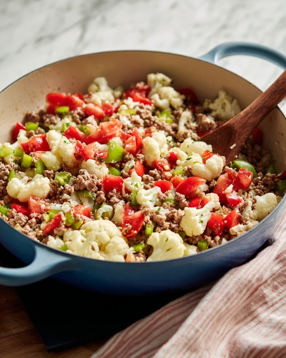 The image shows a black skillet filled with a layered dish. The bottom layer is made of cooked ground meat mixed with green bell peppers and diced red tomatoes, giving a mix of brown, green, and red colors with a crumbly and soft texture. On top of this layer, there are pieces of cooked cauliflower with a light tan color and a firm texture scattered throughout. A layer of melted yellow cheese covers the top, slightly bubbling and blending with the other ingredients. Bright green sliced jalapeños are spread over the cheese, adding a fresh and spicy look. The skillet rests on a white and brown striped cloth, with a white marbled surface underneath. Photo taken with an iphone --ar 4:5 --v 7