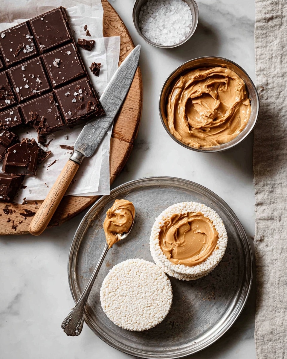 A metal round tray holds a white crumpled parchment paper on which a dessert is placed, broken into two pieces. The dessert has three clear layers: the bottom layer is light beige and crumbly, the middle layer is a thick, smooth, caramel brown, and the top is a shiny, dark chocolate layer sprinkled with coarse salt crystals. Around the dessert on the parchment and tray are small crumbs and chunks of chocolate scattered. The tray sits on a white marbled textured surface with a small bowl of salt in the top left corner and a cup of caramel sauce partially visible in the bottom left corner. photo taken with an iphone --ar 4:5 --v 7