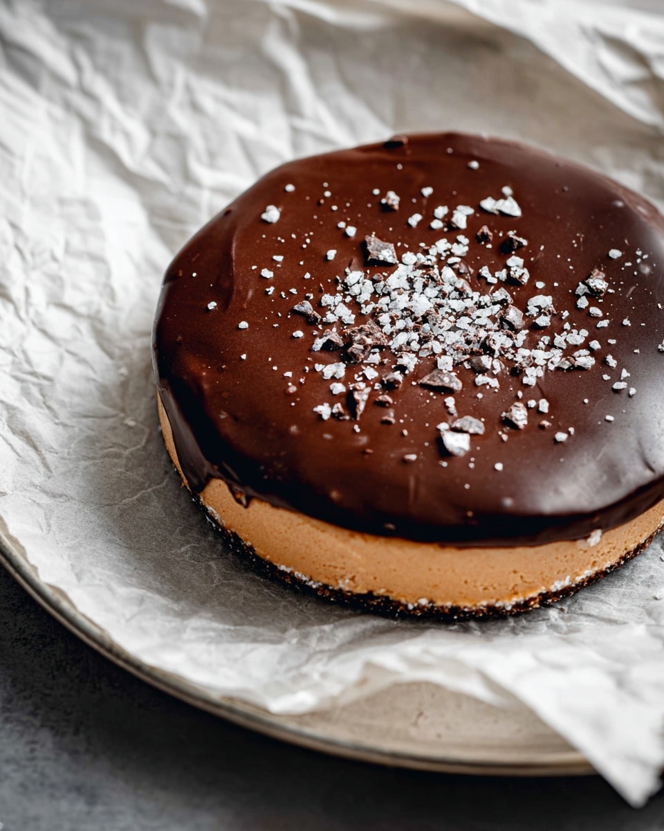 This image shows a round dessert with two main layers placed on white crumpled parchment paper on a metal tray. The bottom layer is a smooth, light brown layer with a creamy texture. On top, there is a thick, shiny dark chocolate layer covering the surface, slightly spreading over the edges. Small pieces of sea salt and chocolate crumbs are scattered over the dark chocolate, adding texture. The overall color contrast is warm light brown and dark chocolate brown. The photo has soft natural light with clear details and a top-down view. Photo taken with an iphone --ar 4:5 --v 7