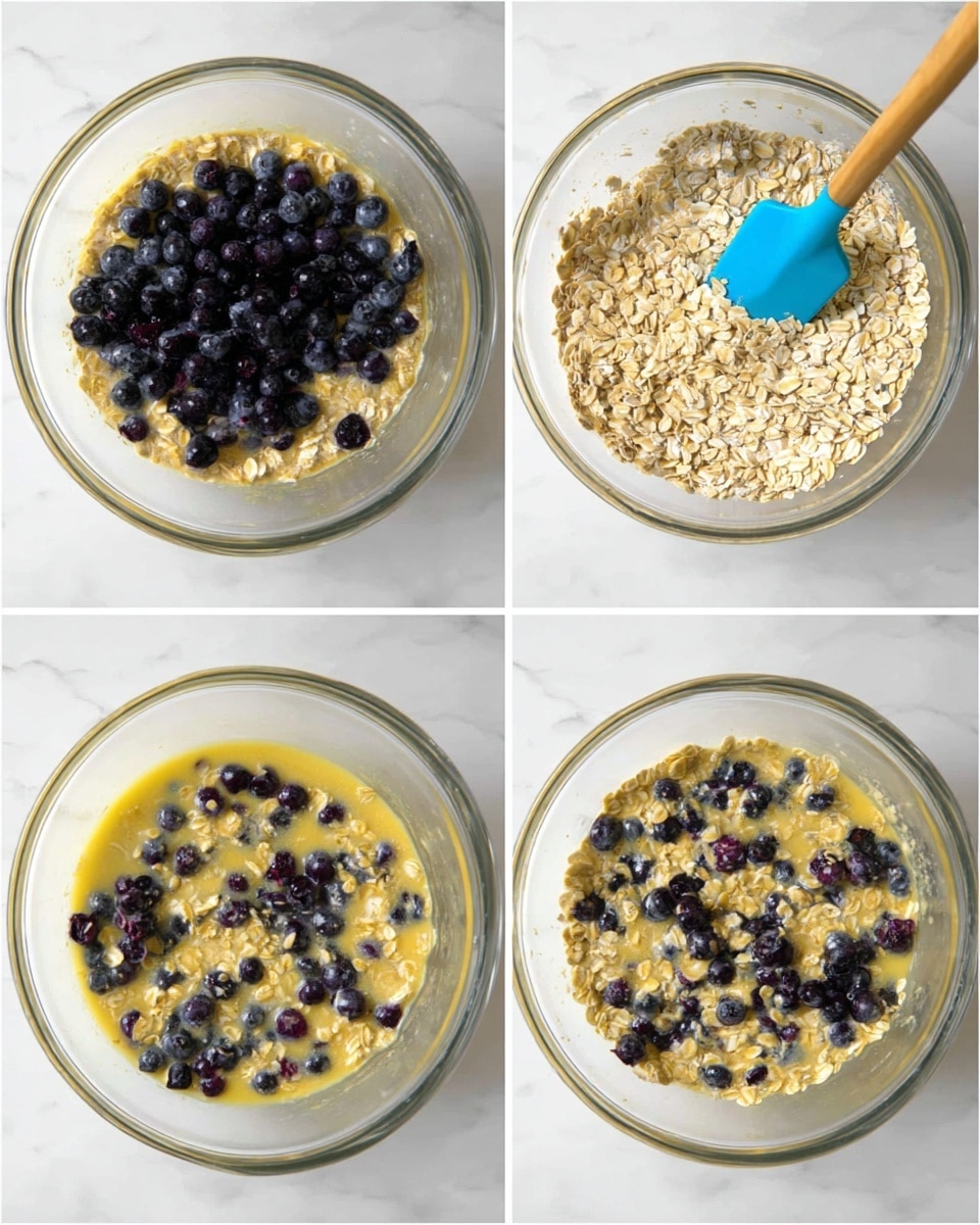 A clear glass bowl sits on a white marbled surface, filled with a mix of beige oats and light yellow liquid with a foamy texture. In the middle image, a pile of dark blue and purple blueberries rests on top of the oat mixture, while a wooden-handled spatula with a blue silicone head stands inside the bowl. The right image shows the blueberries partially mixed into the oat mixture, blending the colors of yellow oats with scattered dark blueberries throughout, with the spatula still inside the bowl. photo taken with an iphone --ar 4:5 --v 7