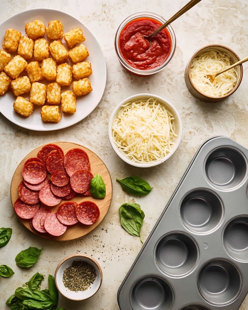 The image shows a top view of various ingredients and cooking tools laid out on a white marbled textured surface. There is a white bowl filled with small golden brown tater tots placed on a white plate near the center left. Below it, a white bowl contains thin, round slices of pepperoni, arranged neatly and sitting on a round wooden board decorated with fresh green basil leaves. To the right of these bowls is a silver muffin tin with 12 empty cups. Above the muffin tin is a small glass jar of bright red tomato sauce with a spoon inside, and next to it is a small light brown bowl filled with shredded white cheese. There is also a tiny white bowl with dried herbs and a small golden spoon resting inside, along with a few scattered green basil leaves around the setup. photo taken with an iphone --ar 4:5 --v 7