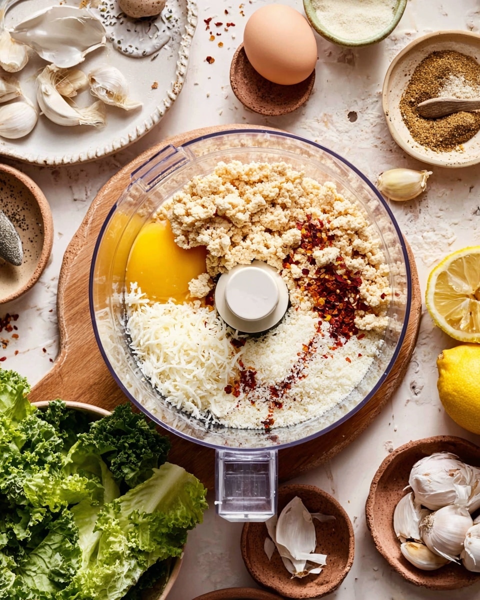 A clear food processor bowl contains several ingredients layered: light beige crumbled tofu on the left side, bright yellow raw egg yolk on the bottom left, grated white cheese covering the right half, and scattered red chili flakes on top. The bowl sits on a white wooden board placed over a white marbled textured surface. Around it, there are bowls and plates holding leafy green lettuce with white plastic salad tongs, whole garlic cloves on a white plate, a small bowl of ground spices, a lemon, a broken egg, and some creamy white substance in earthenware bowls, all arranged closely. Photo taken with an iphone --ar 4:5 --v 7