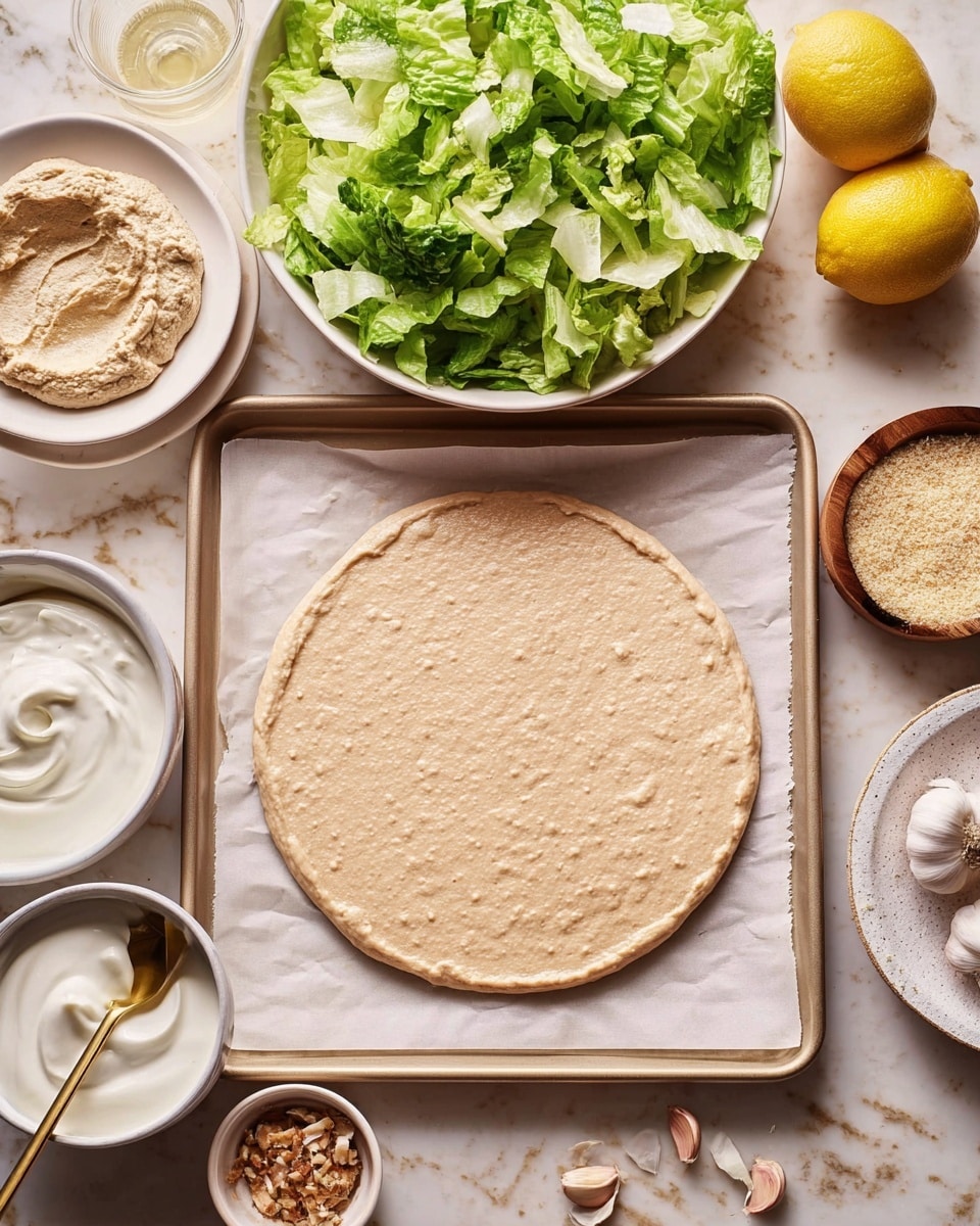 The image shows a round, light beige batter spread evenly on a baking sheet lined with parchment paper, placed in the center. Above it, there is a bowl filled with chopped green lettuce. To the left, a white bowl contains a creamy spread with a slightly rough texture. Below the baking sheet, a bowl of white creamy yogurt with a golden spoon is visible, next to a couple of lemons. Small bowls with grated cheese and anchovies are seen on the left side, while several cloves of garlic rest on a small white plate to the right. The whole setup is on a white marbled textured surface. Photo taken with an iphone --ar 4:5 --v 7