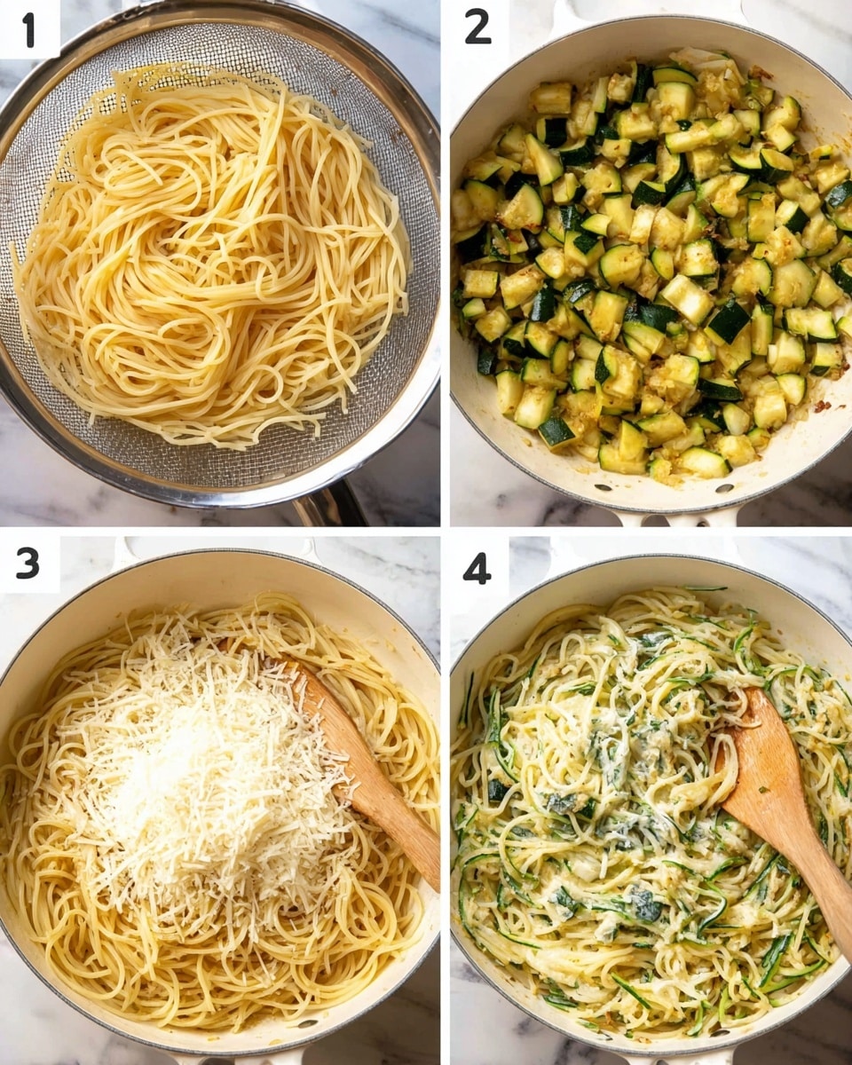 The image shows four steps of making a pasta dish with zucchini and cheese in a white pan. The first part shows a metal colander filled with plain cooked spaghetti, pale yellow in color. The second part shows chopped, cooked zucchini pieces in a white pan, with green and golden brown colors and some melted butter or oil. The third part shows the same pan with spaghetti added and topped with a heap of shredded white cheese, next to a wooden spoon. The final part shows the spaghetti mixed with the cooked zucchini and melted cheese, creating a creamy texture with bits of green zucchini spread throughout, all inside the white pan on a white marbled surface. Photo taken with an iphone --ar 4:5 --v 7