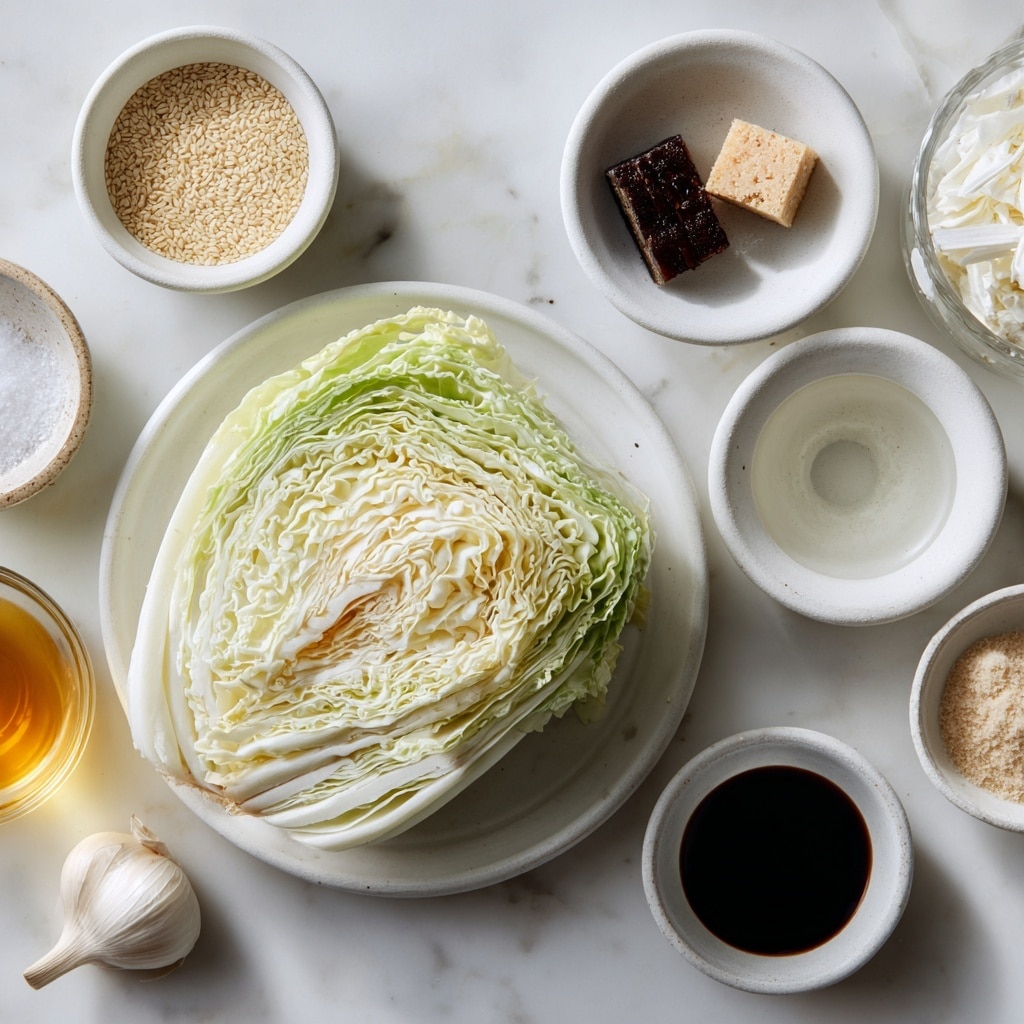 On a white marbled surface, there is a white plate holding a quarter of white cabbage with a light green and cream texture, layered thickly with leafy folds. Surrounding it are several small white bowls and dishes each containing an ingredient: one bowl holds pale beige sesame seeds with a grainy texture, another has a small brown stock cube with a slightly rough surface, a small dish contains dark glossy soy sauce with a smooth texture, another holds clear white rice vinegar with a liquid shine, a small dish has amber sesame oil with a shiny surface, a tiny bowl contains white granulated sugar, another has ground white pepper with a fine powder look, and the smallest dish holds a single beige garlic clove with a smooth surface. The composition is neat and evenly spaced. Photo taken with an iphone --ar 4:5 --v 7