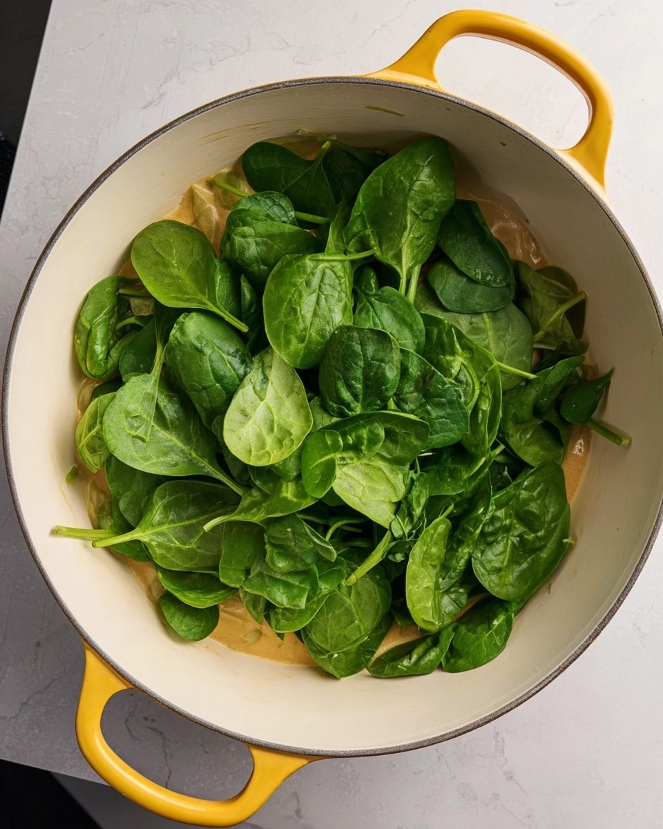 A white deep pot with light brown creamy sauce at the bottom, topped by a large pile of fresh green spinach leaves that look fresh and vibrant, filling most of the pot's surface. The pot has yellow handles, and the photo is taken on a white marbled surface with the pot slightly tilted to show the contents clearly. photo taken with an iphone --ar 4:5 --v 7