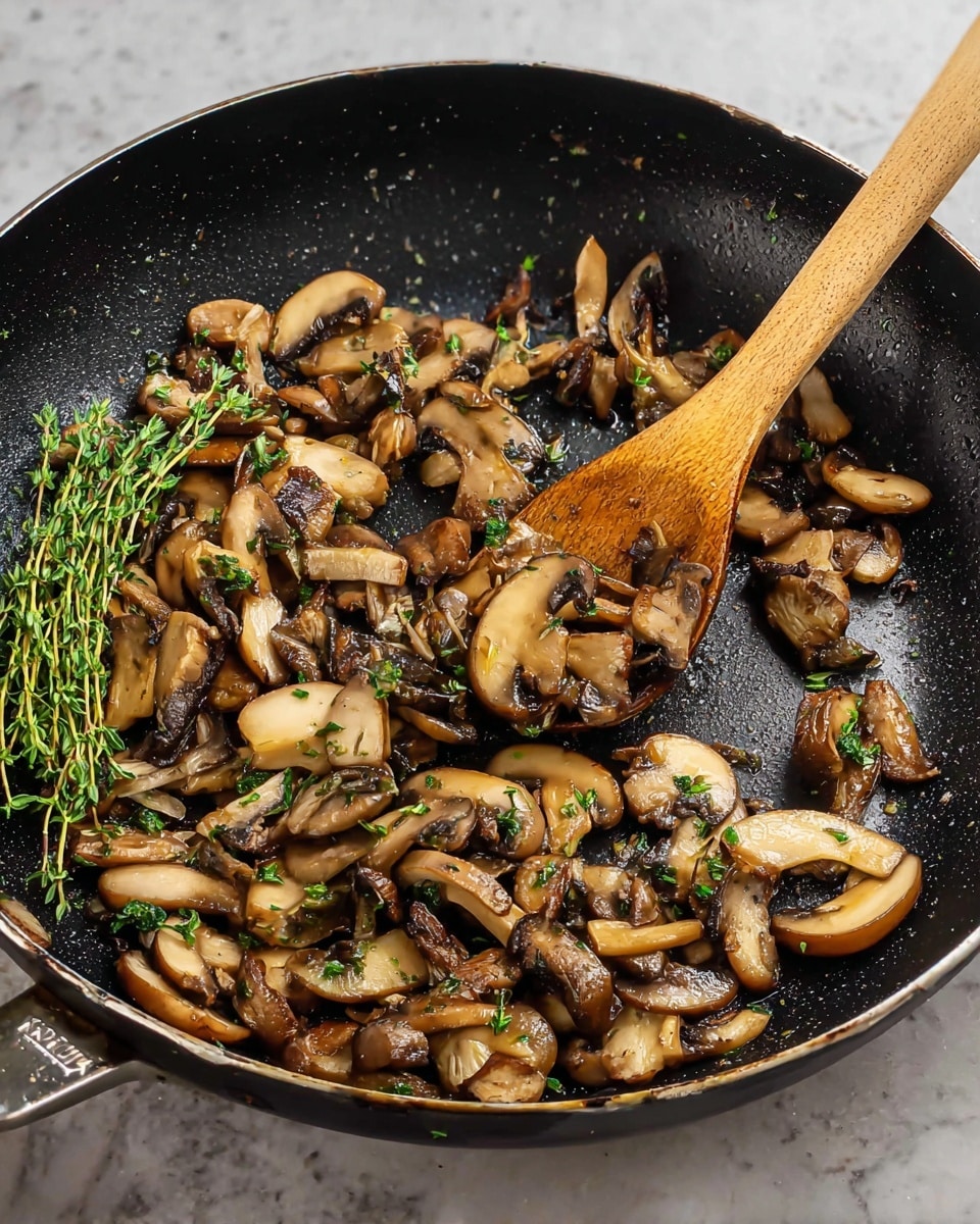 A black frying pan filled with cooked mixed mushrooms of different shapes and shades of brown, lightly browned with some green herbs sprinkled on top. A wooden spoon rests inside the pan on the right side, slightly lifting some mushrooms. A small bunch of fresh green thyme lies on the left side. The pan sits on a white marbled surface. photo taken with an iphone --ar 4:5 --v 7