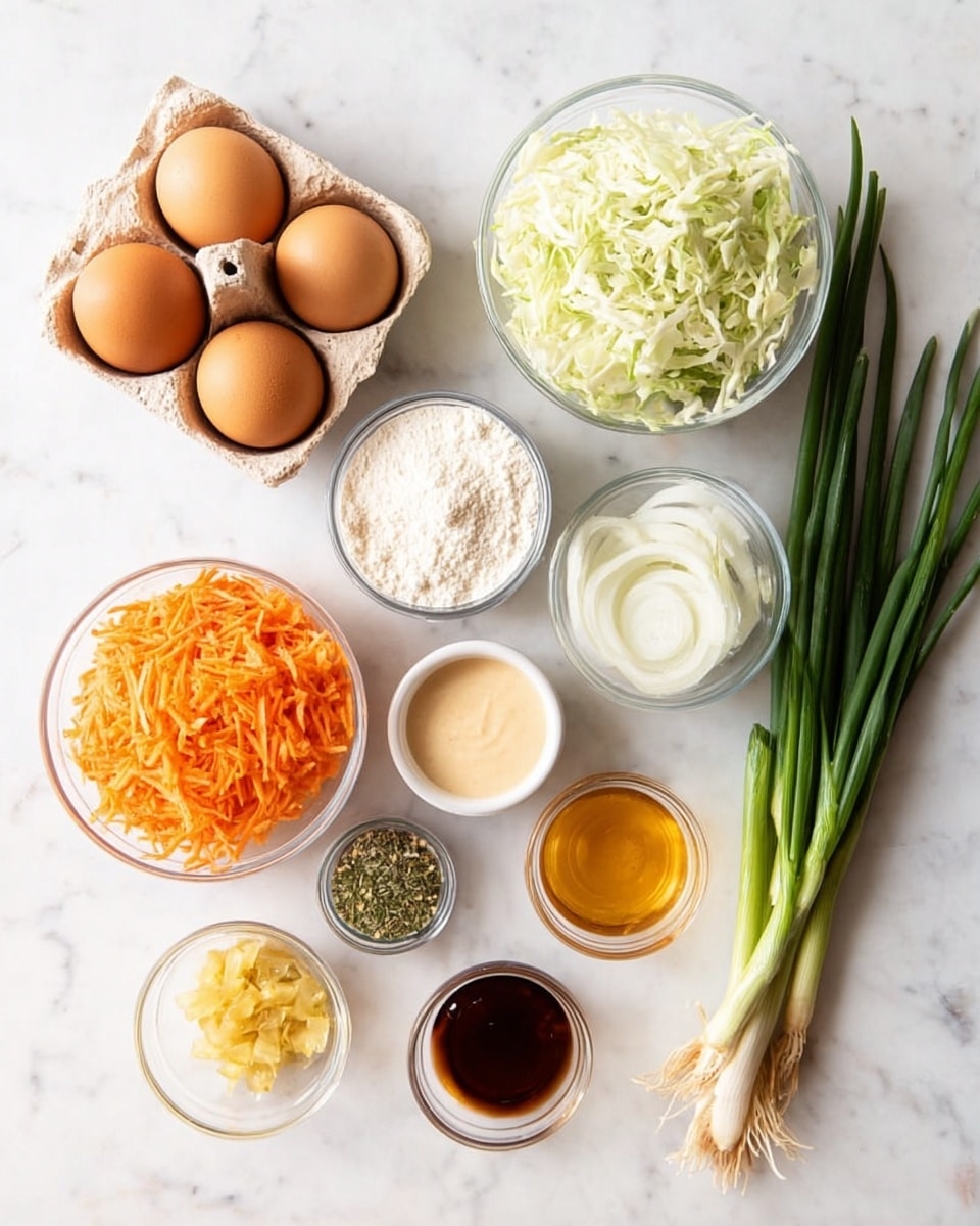 The image shows various fresh ingredients arranged on a white marbled surface, each in clear or white bowls except one set of green onions resting directly on the surface. There are four brown eggs in a cardboard carton in the top left corner. Next to them, a bowl filled with light, finely shredded white cabbage sits at the top right. Below the eggs, a small clear bowl contains white flour, and adjacent to it, another clear bowl holds thin white onion slices. Below the onions, a white bowl is filled with bright orange shredded carrots. Near the carrots, a small dish holds a creamy light beige sauce, and beside it is a small bowl with a green herb and spice mix. Towards the middle right, there are three small bowls containing a dark brown sauce, a golden liquid, and yellow pickled ginger. Finally, a bunch of fresh green onions rests on the right side, with long green tops and white roots. Photo taken with an iphone --ar 4:5 --v 7